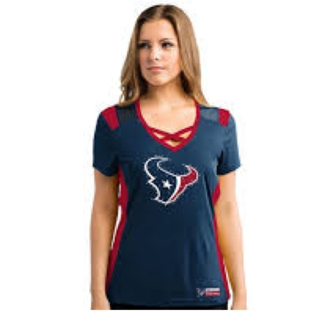 282 - Houston Texans Majestic EUC Blue and Red Fitted Jersey, Size Large